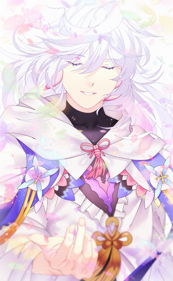 1boy akapug621 closed_eyes earrings fate/grand_order fate_(series) feather_earrings hood jewelry male_focus merlin_(fate) parted_lips petals smile tassel upper_body white_hair