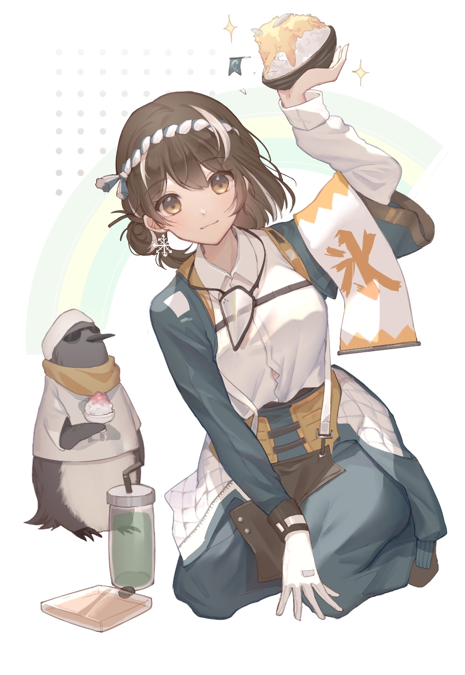 1girl arknights arm_up bangs bird black_hair brown_eyes chinese_commentary commentary_request eyebrows_visible_through_hair food gloves hachimaki headband highres holding holding_food kuiqiu_kq long_sleeves looking_at_viewer magallan_(arknights) multicolored_hair nejiri_hachimaki penguin seiza shaved_ice shirt short_hair sitting streaked_hair the_emperor_(arknights) translated white_background white_gloves white_hair white_shirt