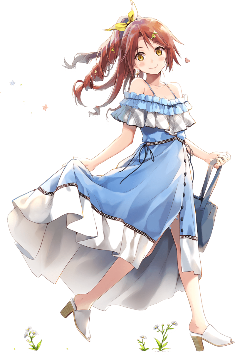 1girl artist_request bag bangs bare_shoulders blue_bag blue_dress bokutachi_no_remake brown_hair dress drill_hair eyebrows_visible_through_hair flower frilled_dress frills full_body grin hair_flower hair_ornament hair_ribbon hairclip heart high_heels high_ponytail highres holding holding_bag holding_clothes holding_dress kawasegawa_eiko looking_at_viewer open_toe_shoes ribbon shoulder_bag skirt_hold smile solo swept_bangs third-party_source transparent_background walking white_footwear yellow_eyes yellow_ribbon