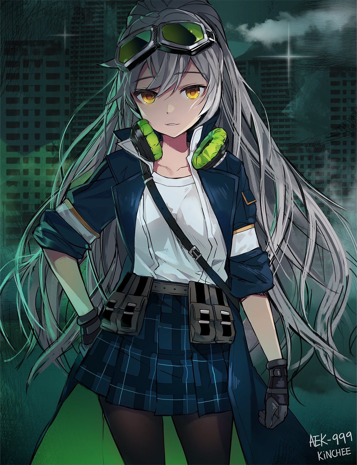 aek-999_(girls_frontline) arm_at_side artist_name bangs belt black_gloves blue_coat breasts building character_name coat collarbone eyebrows_visible_through_hair gingham_skirt girls_frontline gloves goggles goggles_on_head green-tinted_eyewear green_theme grey-framed_eyewear grey_belt grey_hair hair_between_eyes hand_on_hip headphones headphones_around_neck high_ponytail highres kinchee layered_clothing leather leather_gloves long_hair looking_at_viewer open_clothes open_coat outdoors pantyhose parted_lips pleated_skirt pocket popped_collar print_skirt raised_eyebrows sam_browne_belt shirt sidelocks signature silver-framed_eyewear skirt skyscraper sleeve_cuffs sleeves_rolled_up smile source_request sparkle utility_belt very_long_hair wavy_hair white_shirt yellow_eyes