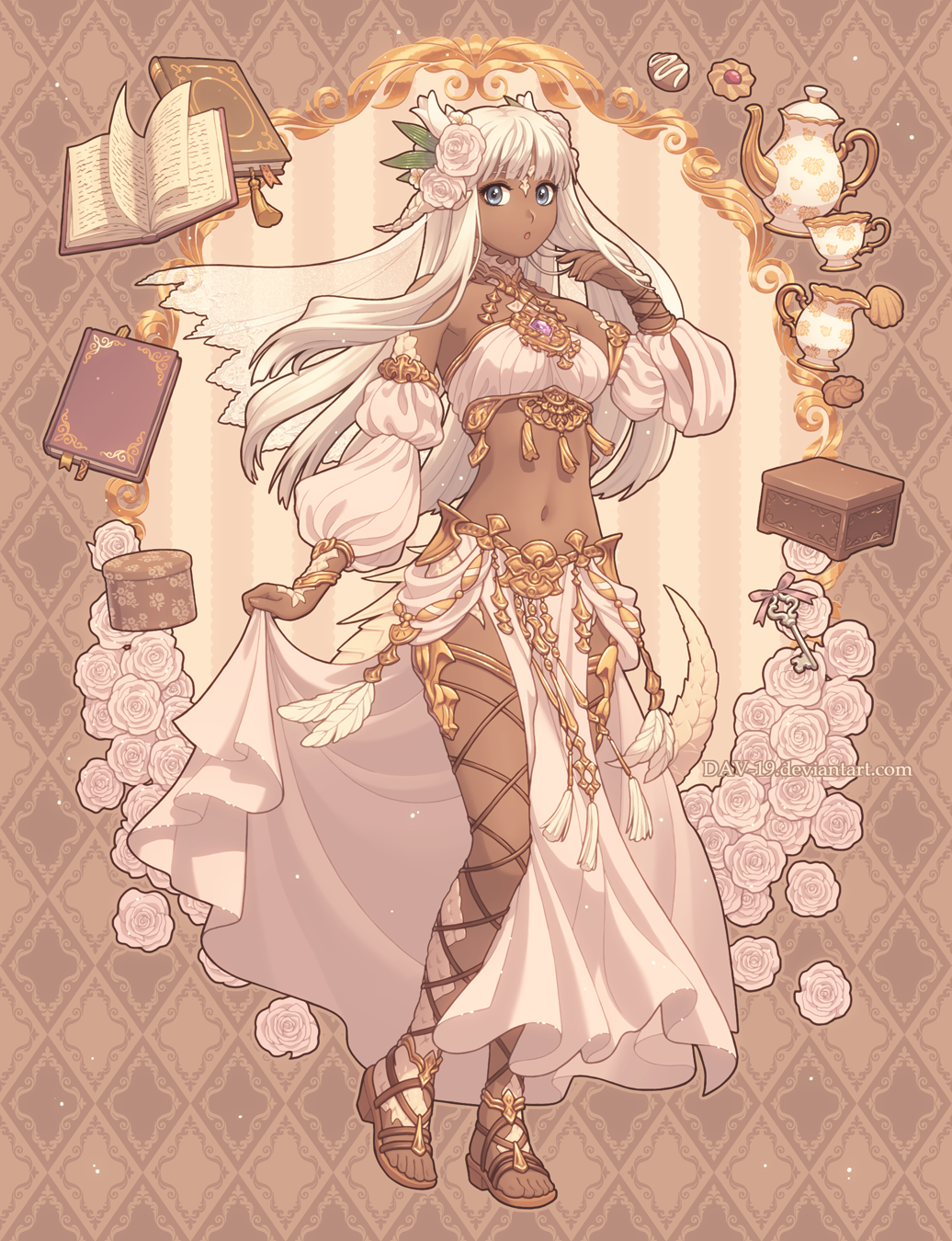 blue_eyes book bookmark box bra cookie cup dark_skin dav-19 dessert detached_sleeves dragon_girl dragon_tail final_fantasy flower food forehead_jewel gold_trim hair_flower hair_ornament highres jewelry key looking_at_viewer midriff mouth navel open_book original pages patterned_background pelvic_curtain rose sandals tail teacup teapot underwear white_hair