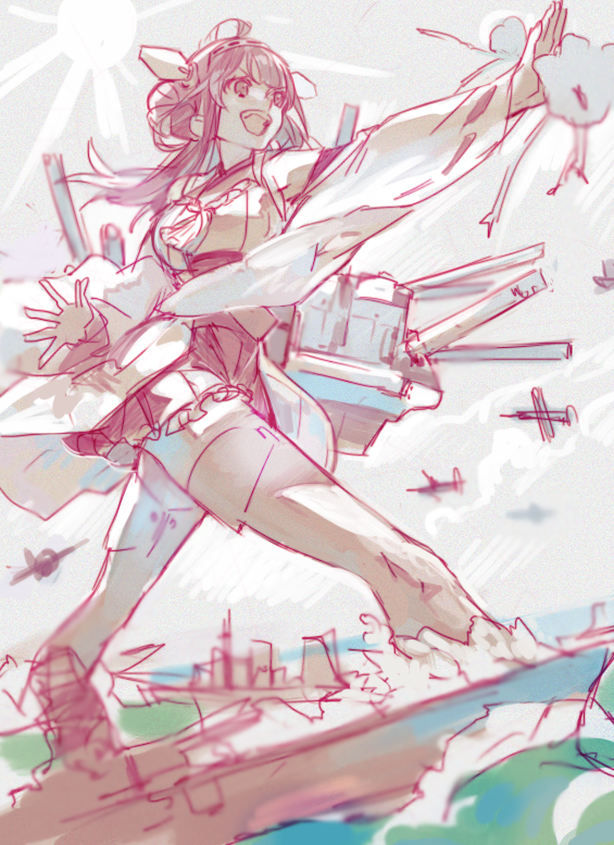 1girl battle detached_sleeves double_bun giantess hairband headgear japanese_clothes kantai_collection kongou_(kantai_collection) long_hair muted_color nishihara_isao nontraditional_miko ocean sketch skirt smile water_battle