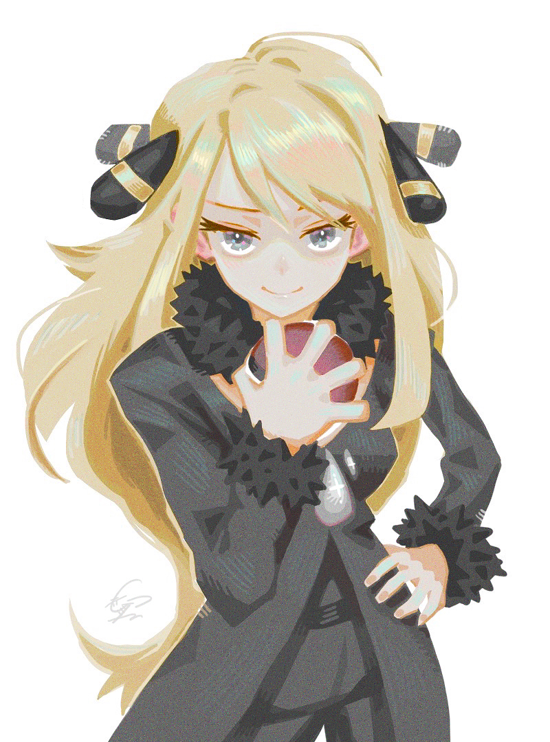 1girl akiradake bangs black_coat black_pants blonde_hair closed_mouth coat commentary_request eyelashes fur_coat fur_collar grey_eyes hair_ornament hand_on_hip holding holding_poke_ball long_hair looking_at_viewer pants poke_ball poke_ball_(generic) pokemon pokemon_(game) pokemon_dppt shiny shiny_hair shirona_(pokemon) signature simple_background smile solo swept_bangs very_long_hair white_background