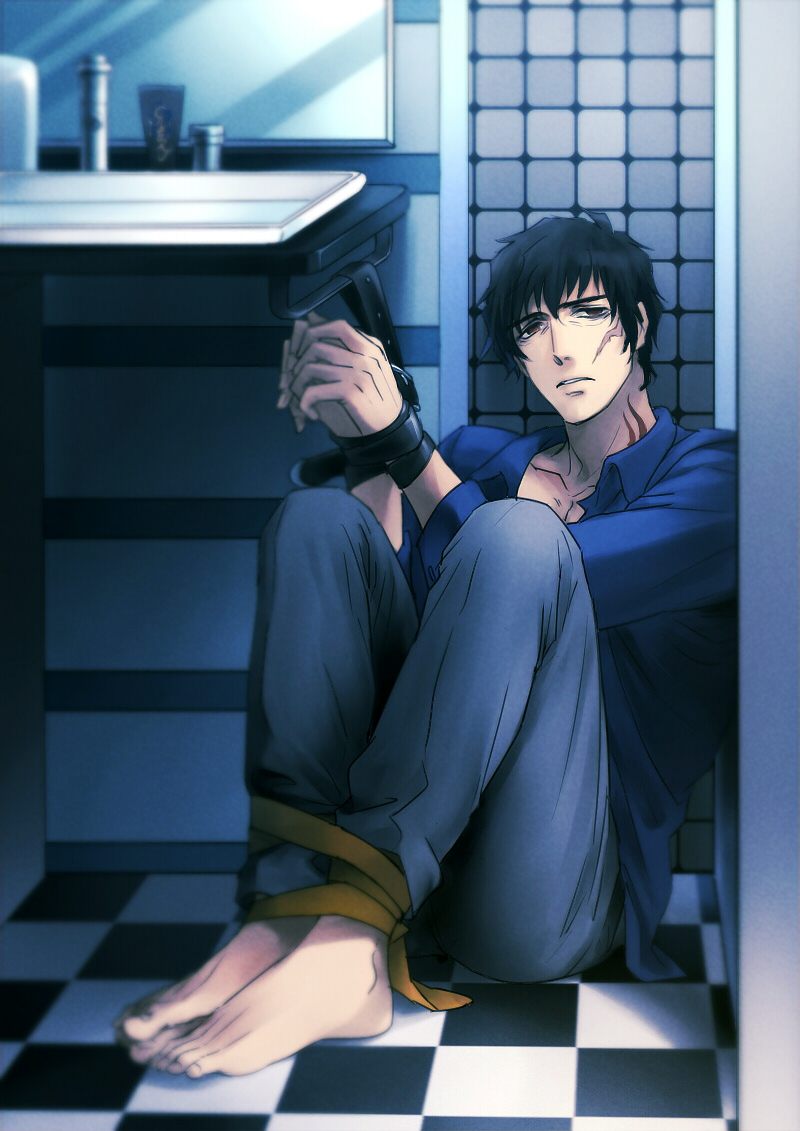 1boy barefoot bathroom black_eyes black_hair bound bound_ankles bound_wrists changye checkered checkered_floor collared_shirt facial_scar kekkai_sensen male_focus scar scar_on_cheek shirt sink solo steven_a._starphase tattoo