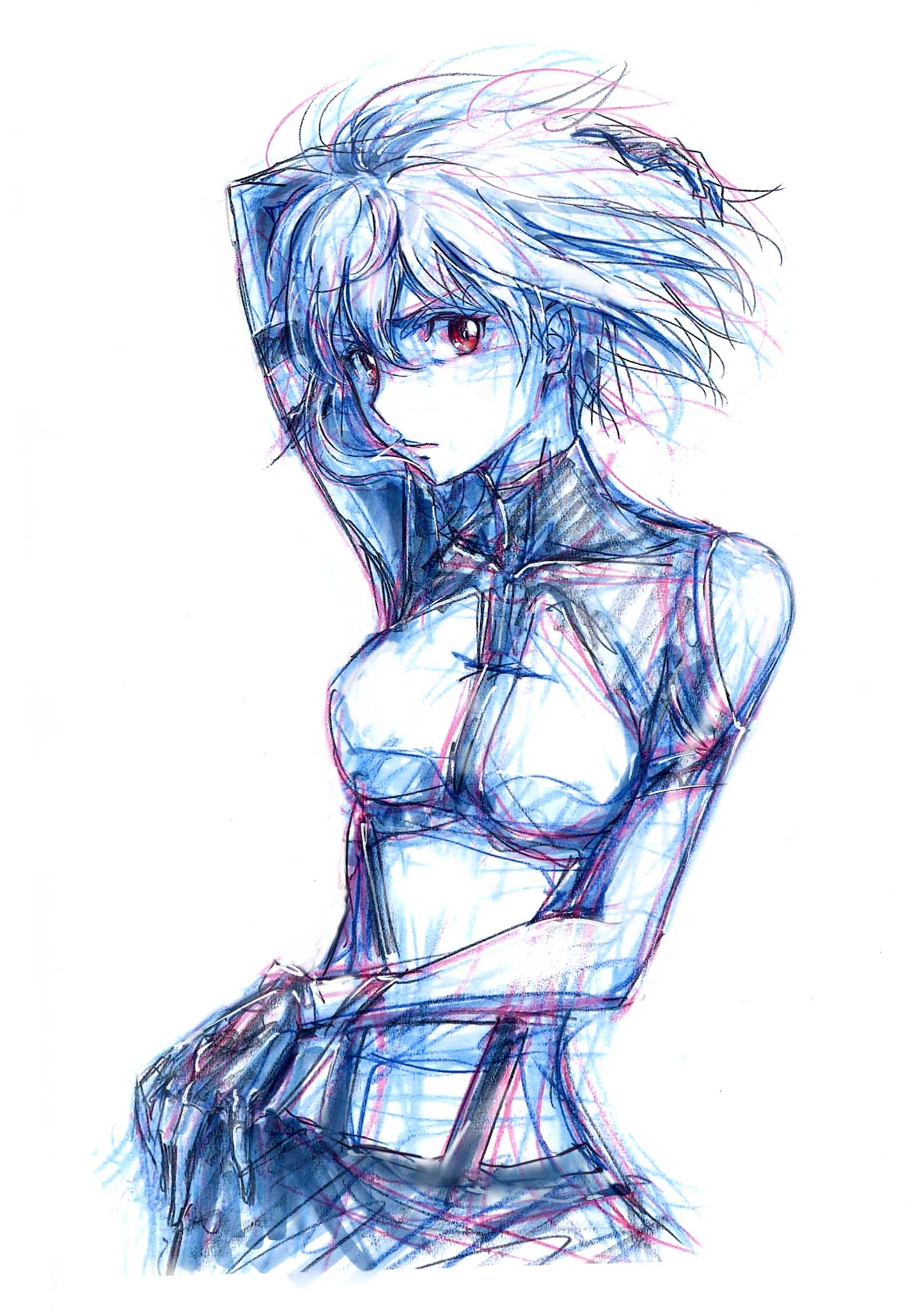 1girl angelise_ikaruga_misurugi blue_theme cross_ange floating_hair gata2013 hand_in_hair hand_on_hip highres looking_to_the_side midriff red_eyes short_hair sketch solo spot_color white_background