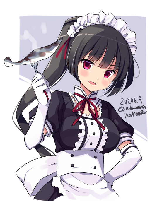 1girl alternate_costume alternate_hairstyle apron black_hair blush breasts dated elbow_gloves enmaided eyebrows_visible_through_hair fish food gloves holding isokaze_(kantai_collection) kantai_collection long_hair maid maid_apron maid_headdress medium_breasts odawara_hakone open_mouth ponytail red_eyes saury short_sleeves smile solo twitter_username white_apron white_gloves