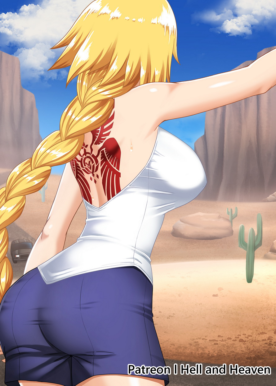 1girl back back_tattoo bare_shoulders blonde_hair blue_shorts blue_sky braid breasts cactus clouds fate/apocrypha fate/grand_order fate_(series) from_behind ground hellandheaven highres hitchhiking jeanne_d'arc_(fate) jeanne_d'arc_(fate)_(all) large_breasts long_braid outdoors shirt shorts single_braid sky sleeveless sleeveless_shirt standing tattoo white_shirt