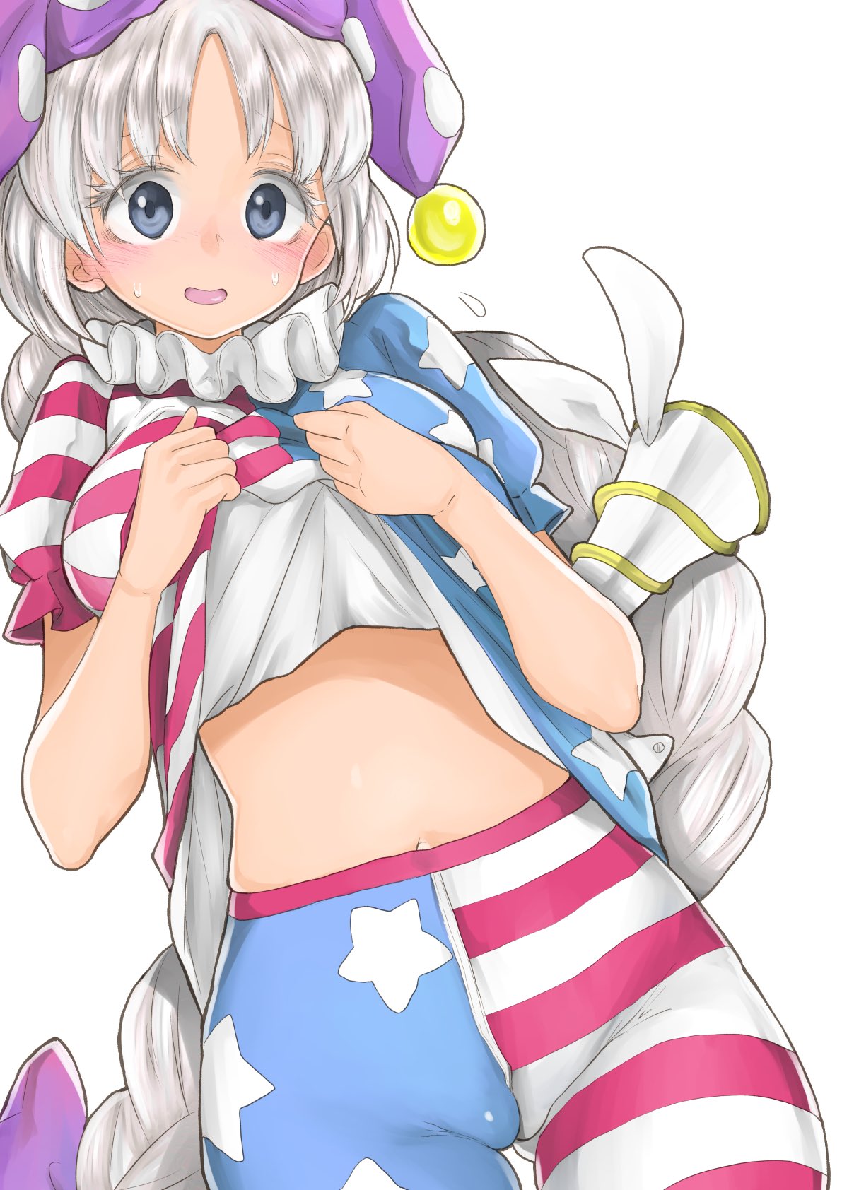 1girl american_flag_dress american_flag_legwear ass_visible_through_thighs blush braid breasts chikado clownpiece clownpiece_(cosplay) cosplay cowboy_shot dress dress_lift grey_eyes hat highres jester_cap large_breasts lifted_by_self long_hair looking_at_viewer lunatic_gun neck_ruff pantyhose polka_dot purple_headwear silver_hair simple_background single_braid solo star_(symbol) star_print stomach striped sweat touhou very_long_hair white_background yagokoro_eirin