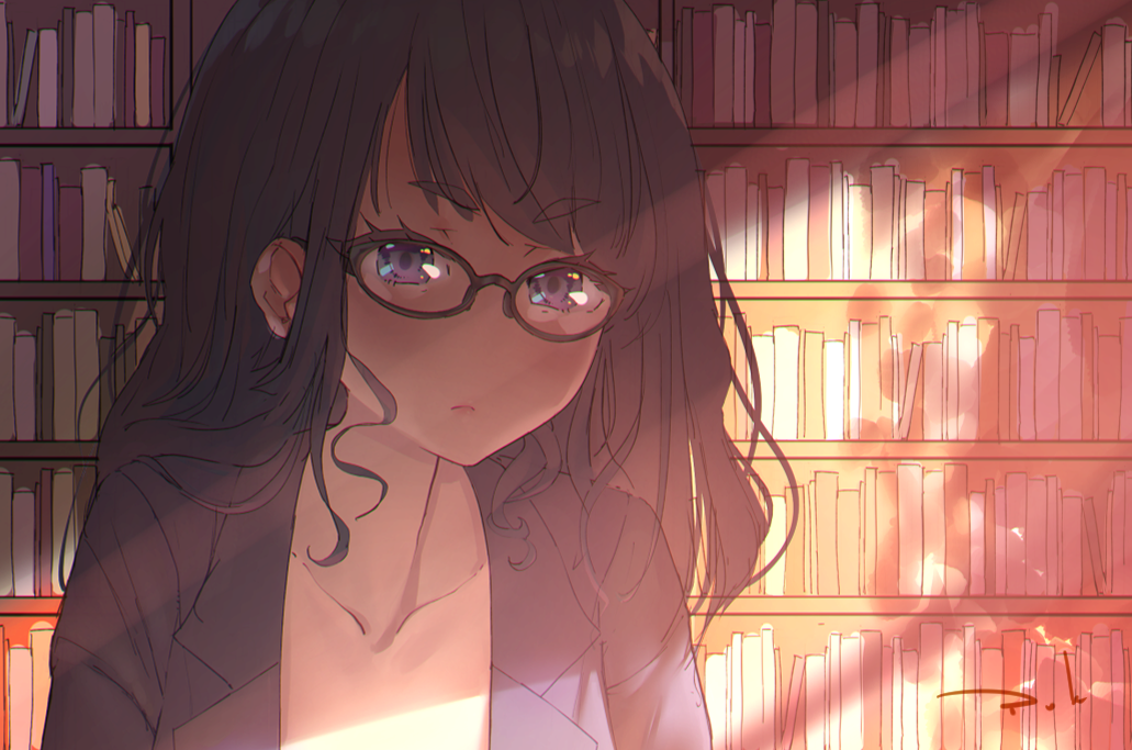 1girl black_hair blazer bookshelf collarbone commentary_request dappled_sunlight eyebrows_visible_through_hair glasses indoors jacket library looking_at_viewer office_lady original plunging_neckline portrait puk raised_eyebrow short_eyebrows solo sunlight violet_eyes