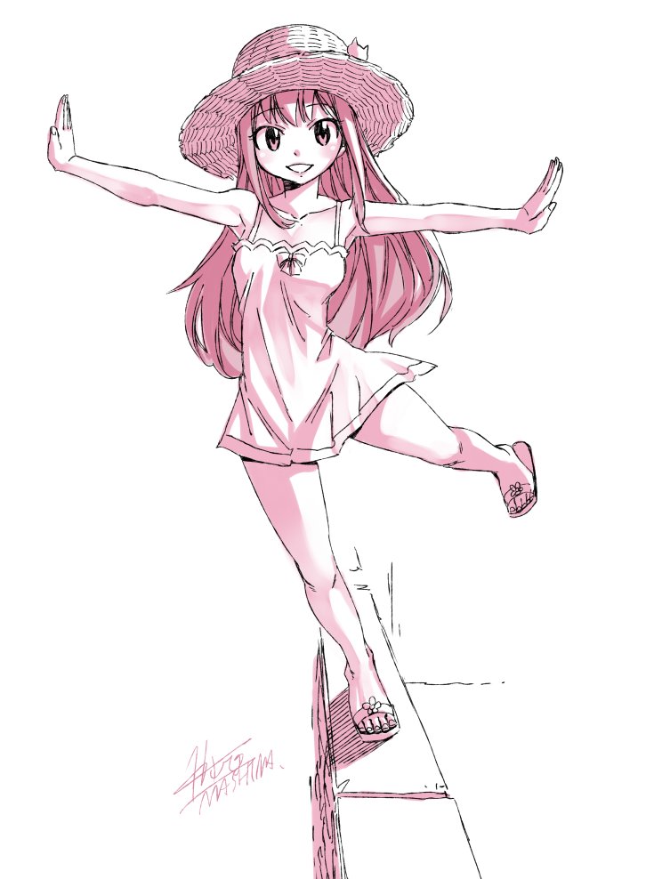 1girl bare_shoulders breasts collarbone dress eyebrows_visible_through_hair fairy_tail full_body hair_between_eyes hat long_hair looking_at_viewer mashima_hiro medium_breasts monochrome official_art outstretched_arms sandals sleeveless smile solo standing standing_on_one_leg straw_hat teeth wendy_marvell