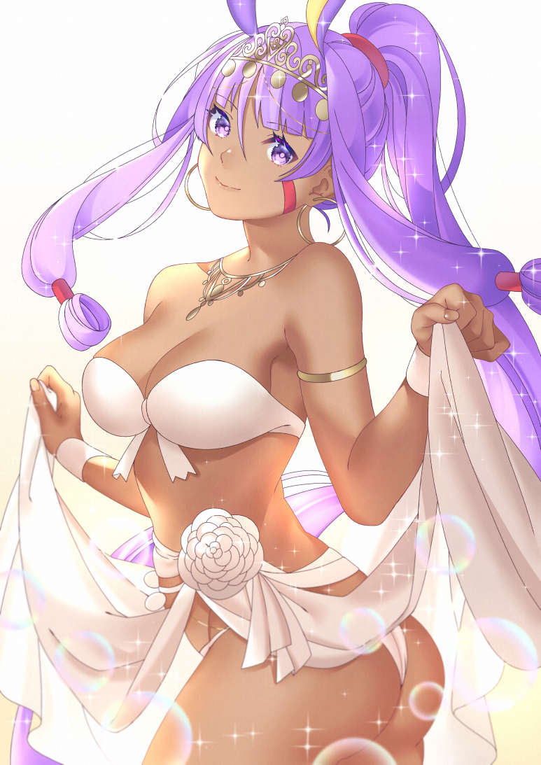 1girl akapug621 ass bikini dark_skin earrings facial_mark fate/grand_order fate_(series) hoop_earrings jewelry long_hair necklace nitocris_(fate/grand_order) nitocris_(swimsuit_assassin)_(fate) ponytail purple_hair smile sparkle swimsuit tiara very_long_hair violet_eyes white_bikini