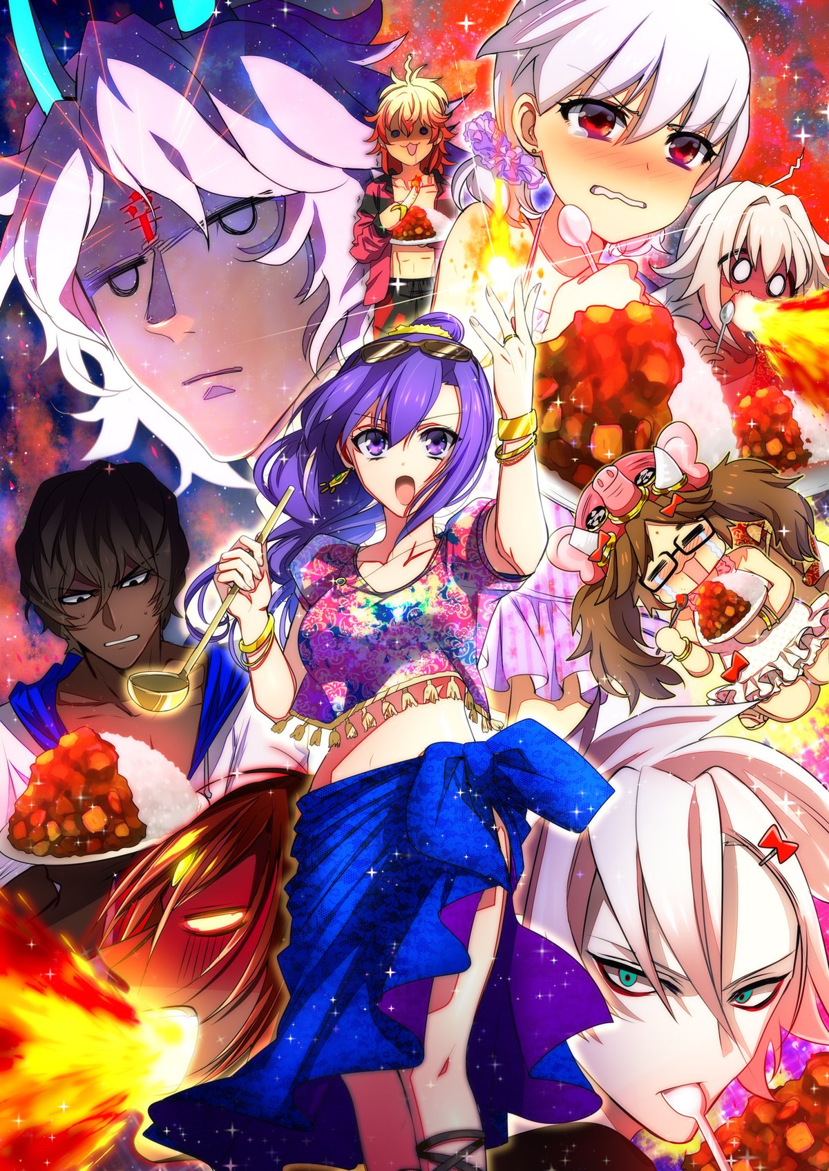 ahoge arjuna_(fate/grand_order) arjuna_alter ashwatthama_(fate/grand_order) black_hair blush bracelet breathing_fire brown_hair crying curry dark_skin dark_skinned_male eating eyewear_on_head fate/grand_order fate_(series) fire food ganesha_(fate) glasses highres honchu jewelry kama_(fate/grand_order) karna_(fate) ladle lakshmibai_(fate/grand_order) matou_sakura midriff parvati_(fate/grand_order) purple_hair rama_(fate/grand_order) redhead sarong spicy spoon sunglasses white_hair