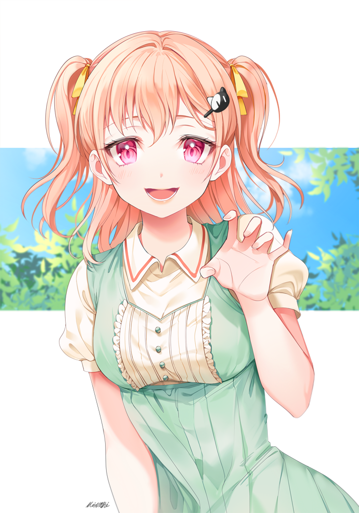 1girl :d bang_dream! bangs blue_sky blush breasts cat_hair_ornament claw_pose clouds collared_shirt cowboy_shot day dress eyebrows_behind_hair green_dress hair_between_eyes hair_intakes hair_ornament hair_ribbon hand_up hiromachi_nanami leaf long_hair looking_at_viewer lower_teeth medium_breasts minori_(faddy) open_mouth orange_hair pink_eyes ribbon shirt short_sleeves sidelocks signature sky smile solo standing symbol_commentary two_side_up white_background yellow_ribbon yellow_shirt
