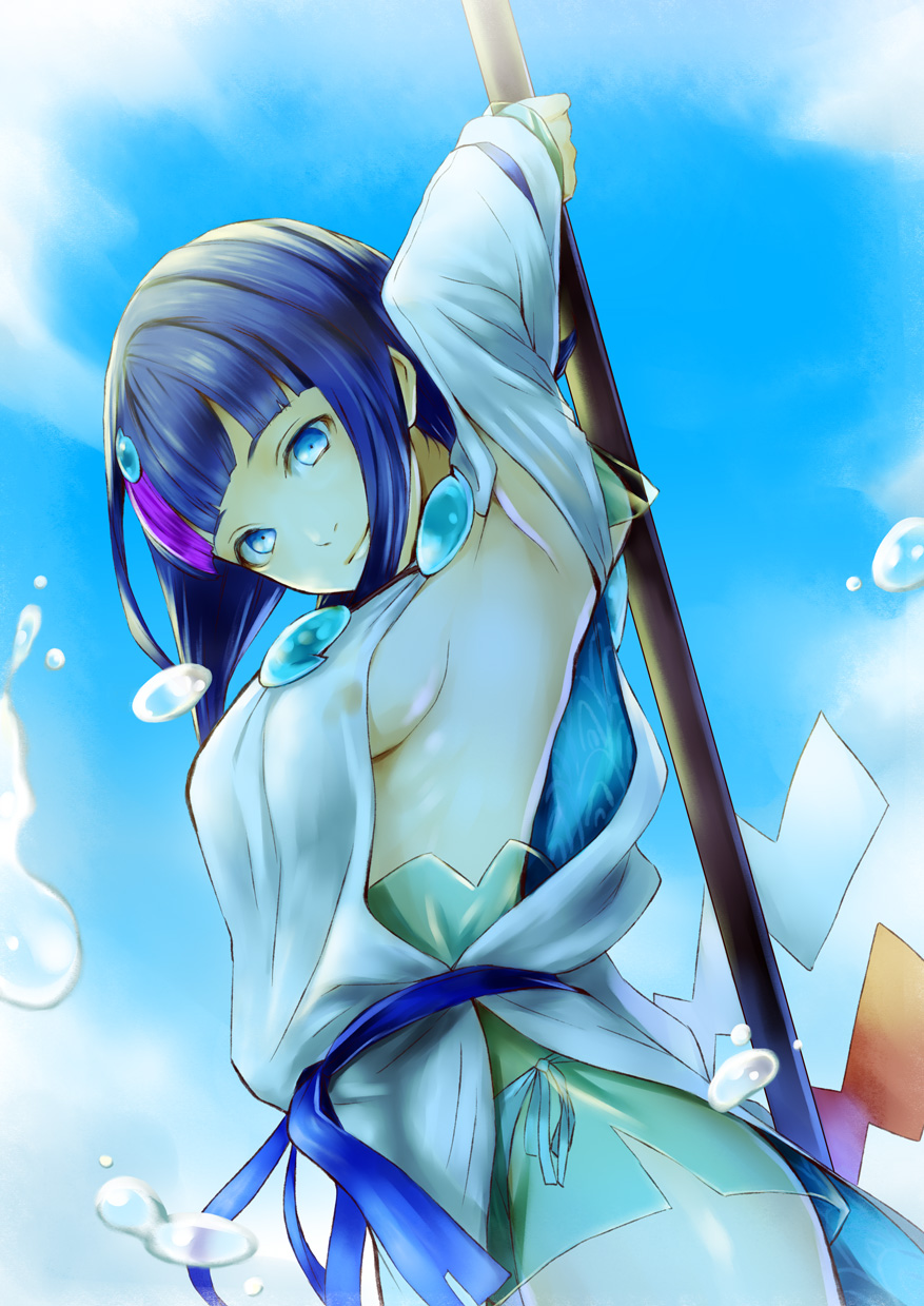 1girl arm_up armpits bangs bare_shoulders black_hair blue_eyes blue_ribbon blue_sky breasts closed_mouth dress fate/grand_order fate/requiem fate_(series) fundoshi highres japanese_clothes jewelry long_sleeves looking_at_viewer magatama magatama_hair_ornament medium_breasts medium_hair multicolored_hair necklace pelvic_curtain photoshop_(medium) pink_hair polearm puffy_long_sleeves puffy_sleeves ribbon short_dress sideboob sideless_outfit sky spear streaked_hair thighs utsumi_erise water_drop weapon white_dress zanpan526