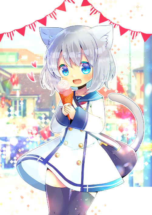 1girl :d animal_ear_fluff animal_ears bag bangs black_legwear blue_eyes blue_sailor_collar blurry blurry_background cat_ears cat_girl cat_tail commentary_request commission depth_of_field double_scoop dress eyebrows_visible_through_hair fang food hair_between_eyes holding holding_food ice_cream ice_cream_cone kouu_hiyoyo long_sleeves looking_away open_mouth original pennant sailor_collar sailor_dress shoulder_bag silver_hair sleeves_past_wrists smile solo string_of_flags tail tail_raised thigh-highs white_dress