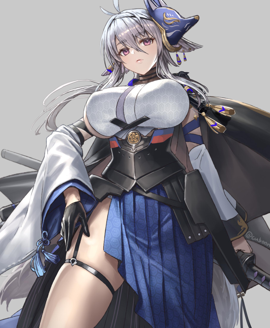 1girl animal_ears antenna_hair azur_lane bangs black_gloves breasts closed_mouth commentary_request covered_nipples cuboon eyebrows_visible_through_hair floating_hair fox_mask from_below gloves grey_background hair_between_eyes hand_on_own_thigh large_breasts long_sleeves looking_at_viewer looking_down mask mask_on_head sidelocks silver_hair simple_background solo thick_eyebrows thigh_strap thighs tosa_(azur_lane) twitter_username violet_eyes wide_sleeves