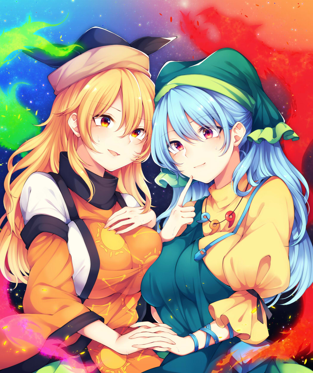 2girls apron black_headwear blonde_hair blue_hair breast_press breasts closed_mouth detached_sleeves eye_contact green_skirt haniyasushin_keiki hat head_scarf highres holding_hands interlocked_fingers large_breasts light_smile long_hair looking_at_another magatama_necklace matara_okina multiple_girls parted_lips puffy_sleeves red_eyes shirt skirt symmetrical_docking tabard tama_(soon32281) touhou upper_body white_shirt yellow_eyes yuri
