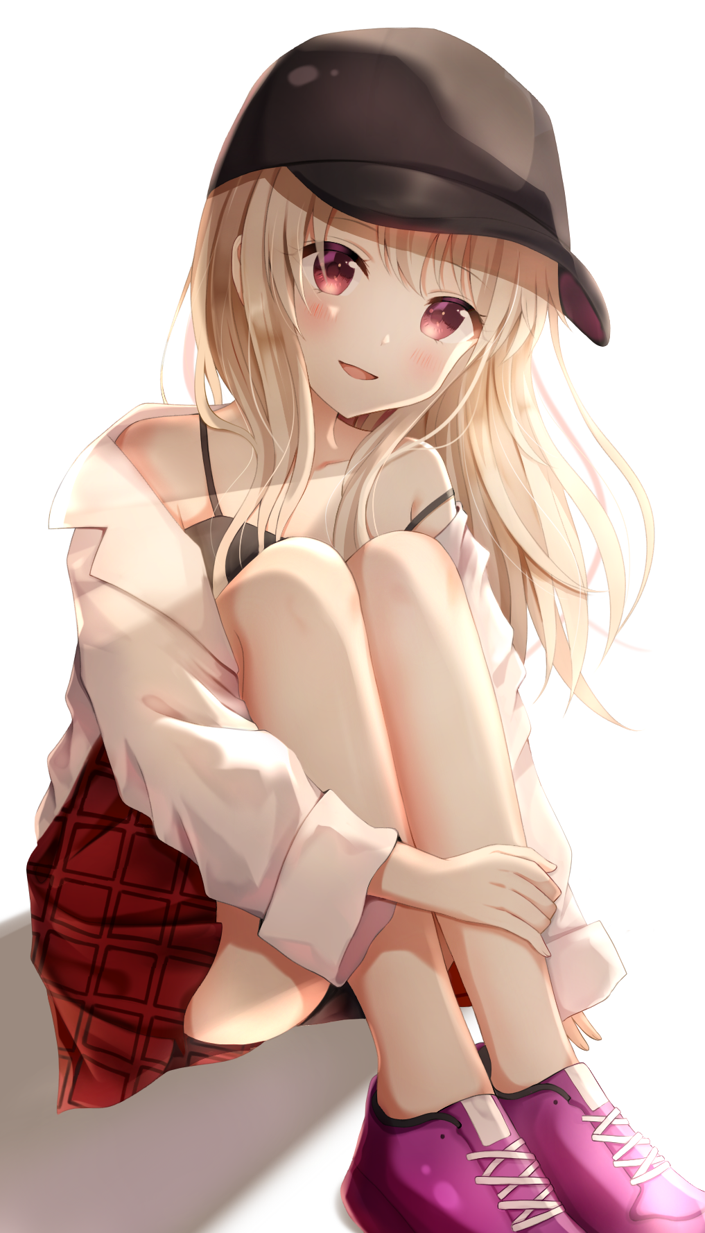 1girl ass bangs baseball_cap black_camisole black_headwear blush camisole collarbone collared_shirt eyebrows_visible_through_hair fate/kaleid_liner_prisma_illya fate_(series) hat highres illyasviel_von_einzbern knees_up light_brown_hair long_hair long_sleeves looking_at_viewer nasii no_socks off_shoulder parted_lips purple_footwear red_skirt shadow shirt shoes sitting skirt smile solo strap_slip white_background white_shirt
