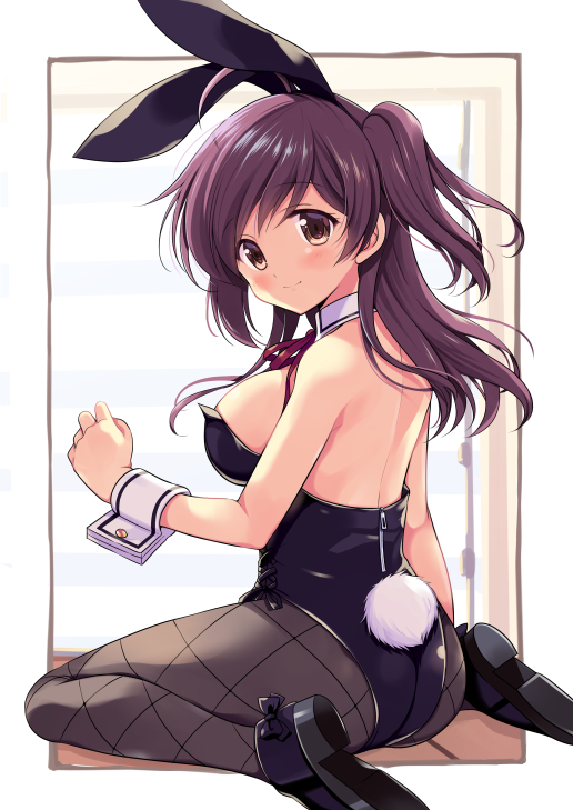 1girl ahoge animal_ears ass bangs bare_shoulders black_footwear black_hairband black_legwear black_leotard blush breasts brown_eyes bunny_tail bunnysuit closed_mouth detached_collar eyebrows_visible_through_hair fake_animal_ears fake_tail from_behind full_body hagikaze_(kantai_collection) hairband kantai_collection leotard looking_at_viewer looking_back medium_breasts neck_ribbon odawara_hakone one_side_up pantyhose purple_hair purple_neckwear purple_ribbon rabbit_ears ribbon shoe_soles sideboob sitting smile solo strapless strapless_leotard tail wariza zipper_pull_tab