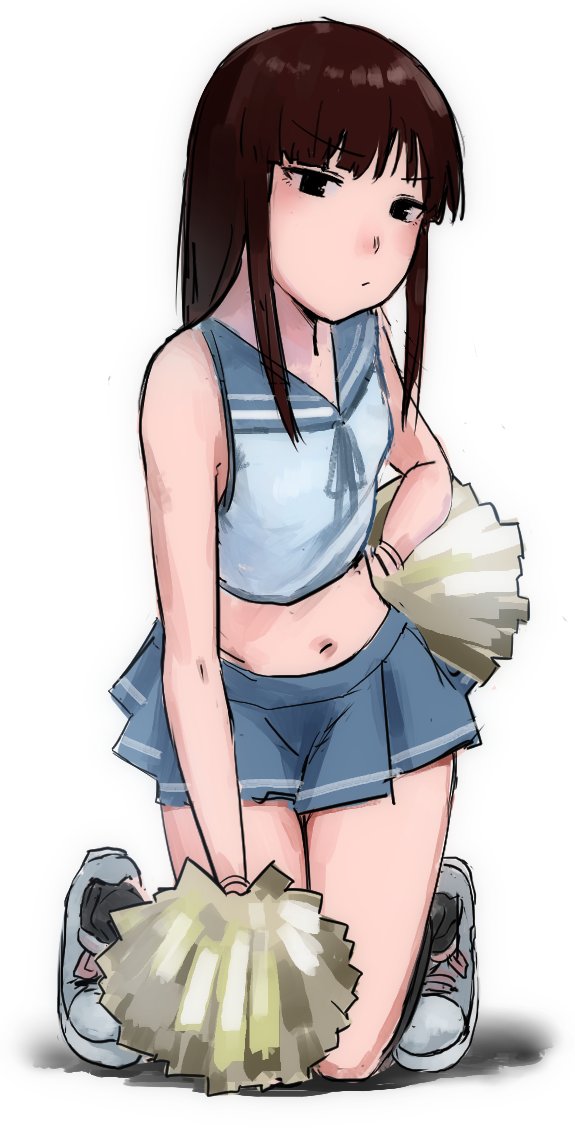 1girl adapted_costume alternate_costume bangs black_eyes black_hair blue_skirt blunt_bangs cheerleader commentary_request crop_top full_body hatsuyuki_(kantai_collection) kantai_collection kneeling long_hair looking_at_viewer midriff pleated_skirt pom_poms sakieko shirt shoes simple_background skirt sleeveless sleeveless_shirt sneakers solo white_background white_shirt