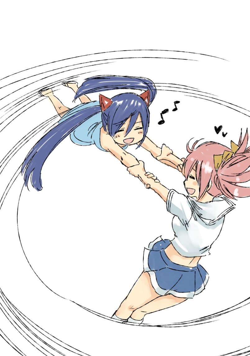 2girls bare_shoulders blue_hair breasts closed_eyes crop_top eyebrows_visible_through_hair eyes_visible_through_hair fairy_tail hair_between_eyes heart holding_person long_hair mashima_hiro medium_hair motion_lines multiple_girls musical_note official_art open_mouth pink_hair sandals sheria_blendy short_sleeves simple_background skirt sleeveless small_breasts smile socks standing swinging tongue twintails wendy_marvell white_background