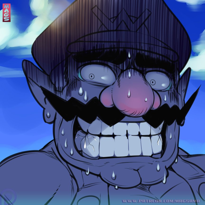 1boy clenched_teeth constricted_pupils cracked day face facial_hair furrowed_eyebrows gloom_(expression) hat male_focus super_mario_bros. mustache nose outdoors overalls pornomagnum scared solo sweat sweating_profusely teeth thick_eyebrows turn_pale watermark web_address
