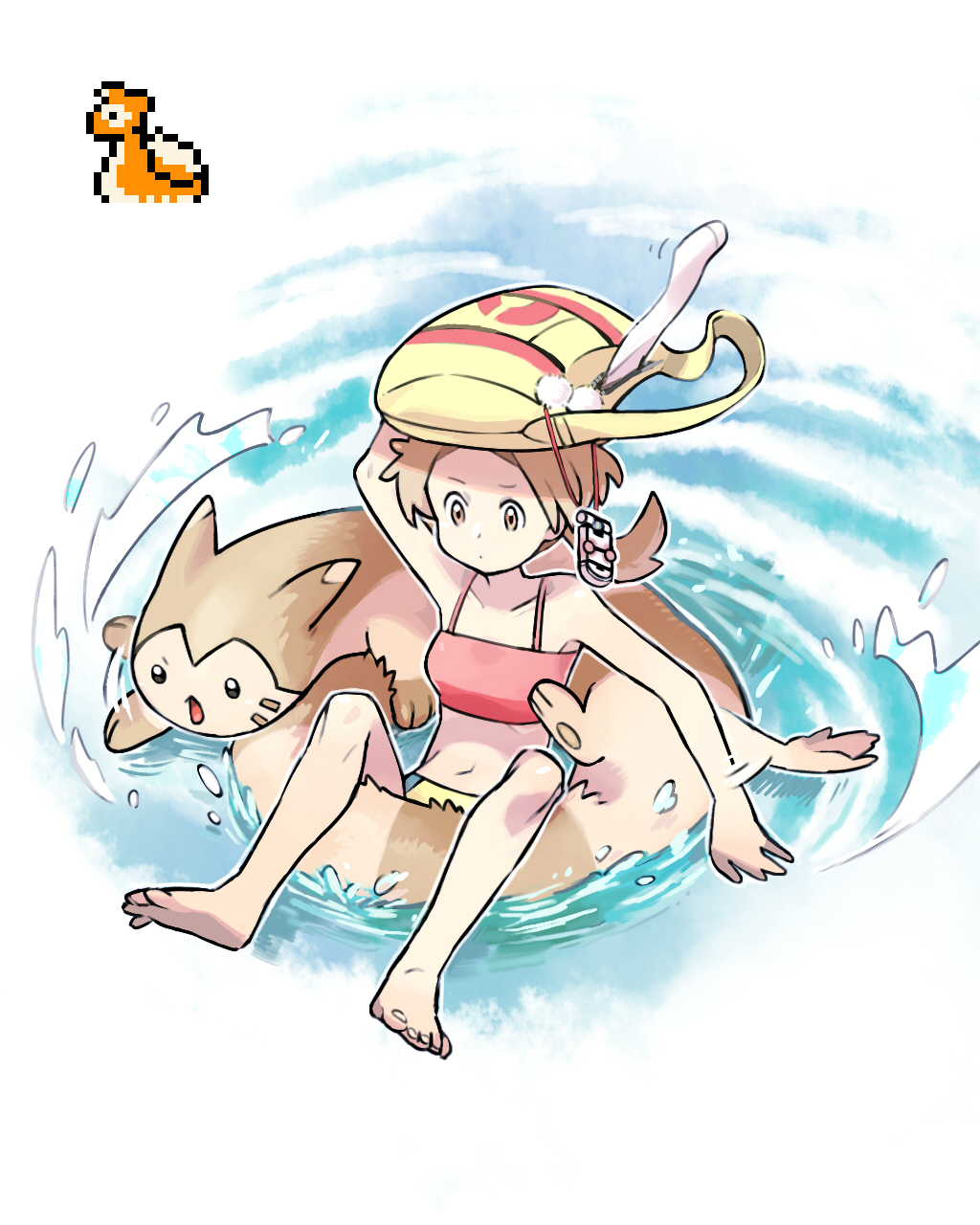 1girl arm_up bag_over_head barefoot brown_eyes brown_hair collarbone commentary_request donnpati feet furret gen_2_pokemon highres kotone_(pokemon) navel pokemon pokemon_(creature) pokemon_(game) pokemon_hgss soles splashing sprite toes twintails water yellow_bag