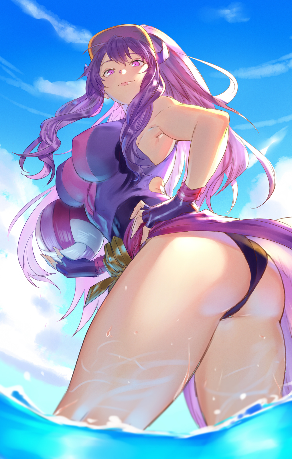 1girl ass ball bare_shoulders blue_sky clouds covered_nipples fingernails gloves hand_on_hip hat highres hikarusorano holding holding_ball league_of_legends long_hair looking_down outdoors partially_submerged ponytail purple_gloves purple_hair sky smile solo swimsuit syndra violet_eyes volleyball water wet