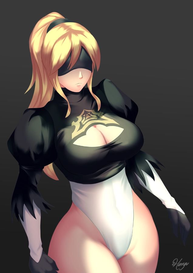 1girl alternate_costume bangs black_blindfold black_dress black_gloves blindfold blonde_hair breasts cleavage_cutout commentary_request cosplay covered_eyes dress feather-trimmed_sleeves feather_trim gloves haryudanto highleg highleg_leotard juliet_sleeves large_breasts leotard long_hair long_sleeves metroid nier_(series) nier_automata ponytail puffy_sleeves samus_aran serious signature simple_background solo thick_thighs thighs vambraces white_leotard yorha_no._2_type_b yorha_no._2_type_b_(cosplay)