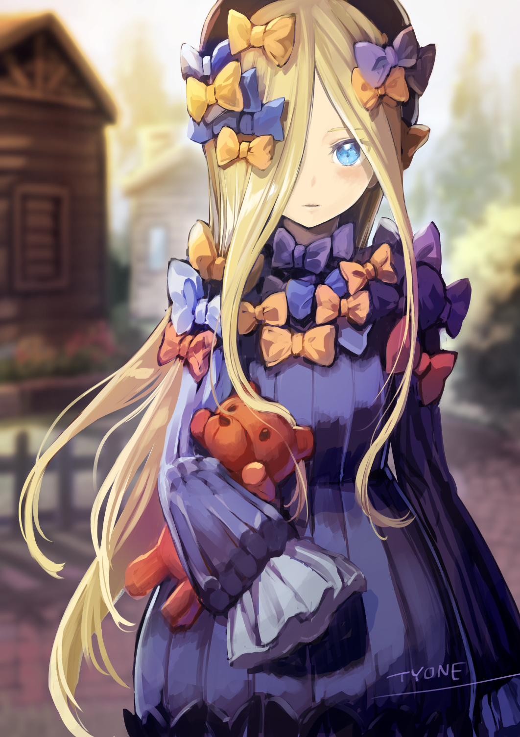 1girl abigail_williams_(fate/grand_order) bangs black_bow black_dress black_headwear blonde_hair blue_eyes bow breasts dress fate/grand_order fate_(series) forehead hair_bow hair_over_one_eye hat highres long_hair multiple_bows orange_bow parted_bangs ribbed_dress sleeves_past_fingers sleeves_past_wrists small_breasts stuffed_animal stuffed_toy teddy_bear tyone
