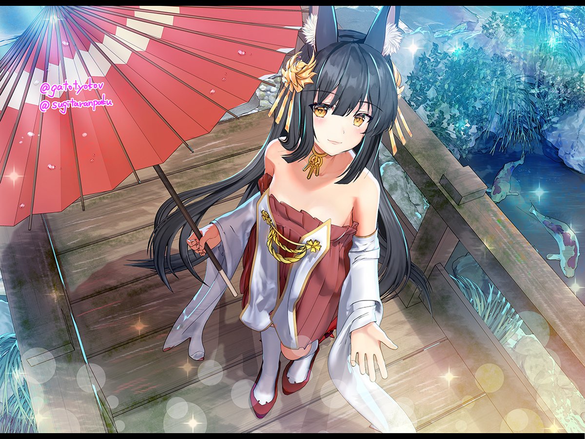 1girl animal_ear_fluff animal_ears azur_lane bangs bare_shoulders black_hair blush breasts closed_mouth commentary_request detached_sleeves dress eyebrows_visible_through_hair fox_ears from_above hair_ornament long_hair looking_at_viewer looking_up nagato_(azur_lane) outdoors sleeveless sleeveless_dress small_breasts smile solo standing sugita_ranpaku thigh-highs twitter_username very_long_hair white_legwear wide_sleeves yellow_eyes