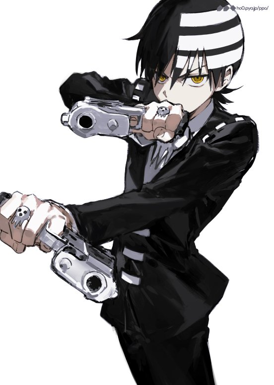 1boy akira_hou black_hair death_the_kid dual_wielding formal gangsta_hold gun handgun holding holding_gun holding_weapon jewelry long_sleeves male_focus ring shaded_face simple_background solo soul_eater suit watermark weapon web_address white_background white_hair yellow_eyes