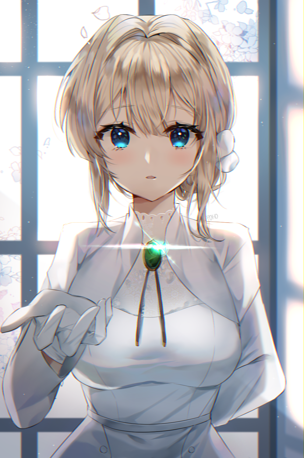 1girl arm_behind_back bangs blonde_hair blue_eyes blush breasts brooch commentary_request dress emerald_(gemstone) eyebrows_visible_through_hair gem gloves hair_intakes hair_ornament highres jewelry lens_flare long_sleeves medium_breasts outstretched_hand parted_lips petals poho short_hair sidelocks upper_body violet_evergarden violet_evergarden_(character) white_dress white_gloves window