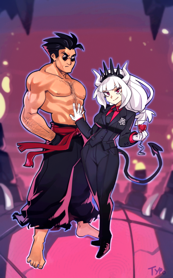 1boy 1girl alcohol arm_hair baggy_pants barefoot belt black_hair black_neckwear black_suit breasts business_suit chest_hair collared_shirt commentary cup demon_girl demon_horns demon_tail drinking_glass english_commentary formal full_body gloves hairband hand_on_another's_chest height_difference helltaker helltaker_(character) hetero horns long_hair low-tied_long_hair lucifer_(helltaker) manly medium_breasts mole mole_under_eye muscle necktie optionaltypo pale_skin pants pince-nez pointy_shoes ponytail red_belt red_eyes red_shirt shirt shirtless shoes smile spiked_hairband spikes suit sunglasses tail white_gloves white_hair white_horns wine wine_glass