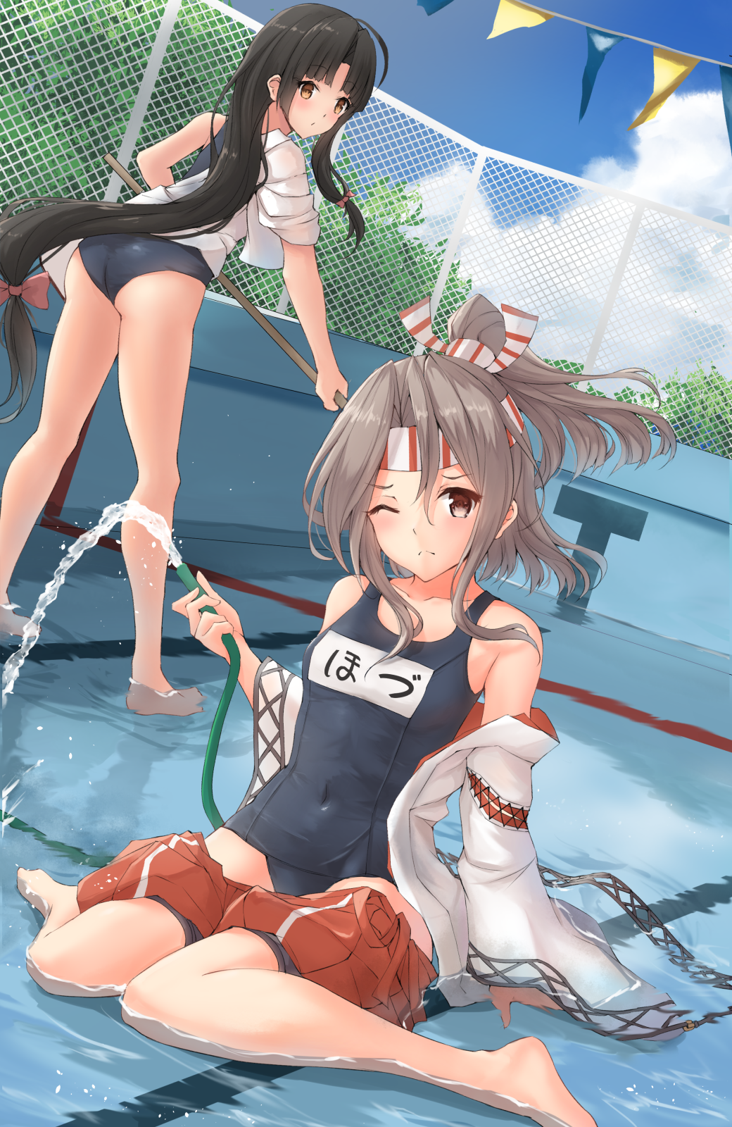 2girls barefoot black_hair black_swimsuit blush brown_eyes clouds collarbone day eyebrows_visible_through_hair hachimaki headband high_ponytail highres holding holding_hose hose k_jie kantai_collection light_brown_hair long_hair low-tied_long_hair multiple_girls name_tag one-piece_swimsuit one_eye_closed partially_submerged pool red_shorts school_swimsuit shorts shouhou_(kantai_collection) sitting sky swimsuit very_long_hair wariza water zuihou_(kantai_collection)