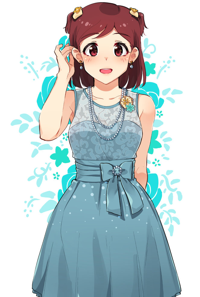 1girl :d aoba_misaki arm_behind_back blue_dress blush brown_hair dress earrings hair_ornament hand_up idolmaster idolmaster_million_live! idolmaster_million_live!_theater_days jewelry kamille_(vcx68) medium_hair necklace open_mouth red_eyes simple_background sleeveless sleeveless_dress smile solo standing