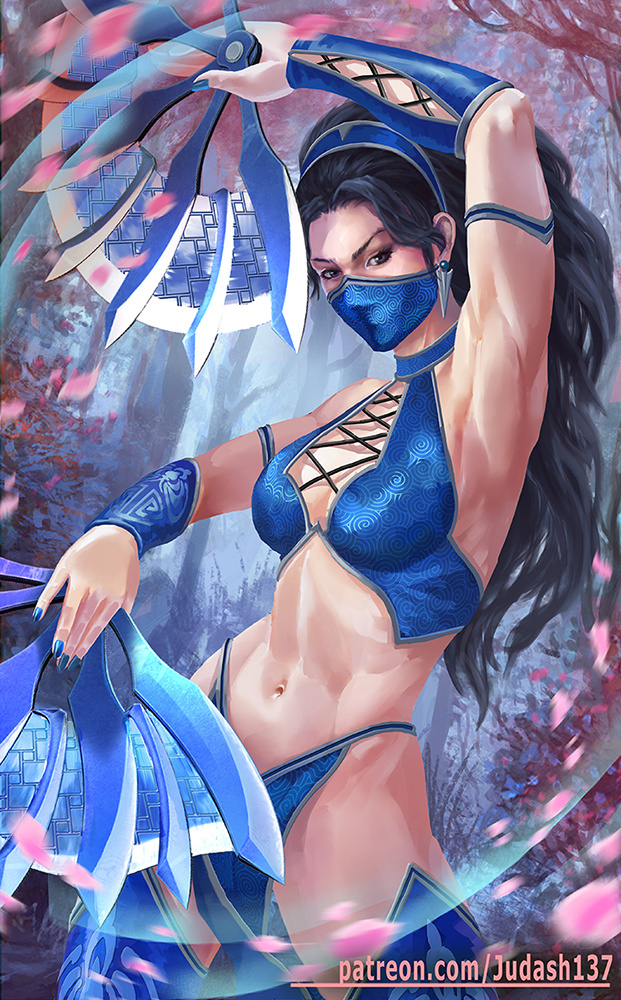 1girl armpits arms_up bangs bare_arms bare_shoulders bikini black_hair blue_bikini blue_eyes bracelet breasts cleavage clenched_hands dual_wielding earrings eyelashes fantasy fighting_stance fingernails holding jewelry judash137 kitana long_hair looking_at_viewer magic mask medium_breasts midway_(company) mortal_kombat mortal_kombat_4 mortal_kombat_armageddon mortal_kombat_deadly_alliance mortal_kombat_deception mortal_kombat_ii mortal_kombat_trilogy muscle navel revealing_clothes skirt solo standing swimsuit thigh-highs thighs tiara toned ultimate_mortal_kombat_3 very_long_hair weapon white_skin