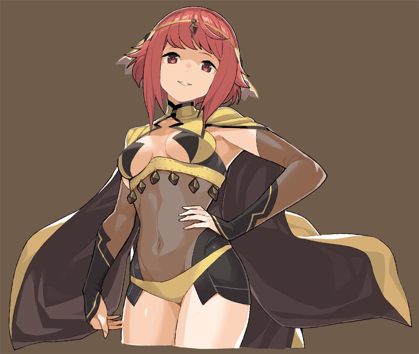 1girl brown_background cape center_opening cosplay covered_navel fire_emblem fire_emblem_fates hand_on_hip ophelia_(fire_emblem) ophelia_(fire_emblem)_(cosplay) parted_lips pink_eyes pink_hair sakura_(fire_emblem) short_hair simple_background solo umaguti
