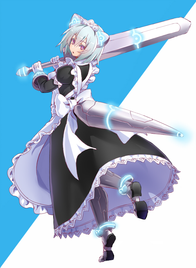 1girl android animal_ears blue_hair eyebrows_visible_through_hair fake_animal_ears gloves glowing hair_between_eyes holding holding_weapon light_blue_hair looking_back maid maid_headdress original over_shoulder painttool_sai painttool_sai_(medium) parted_lips ramuya_(lamb) short_hair solo sword sword_over_shoulder two-tone_background violet_eyes weapon weapon_over_shoulder white_gloves