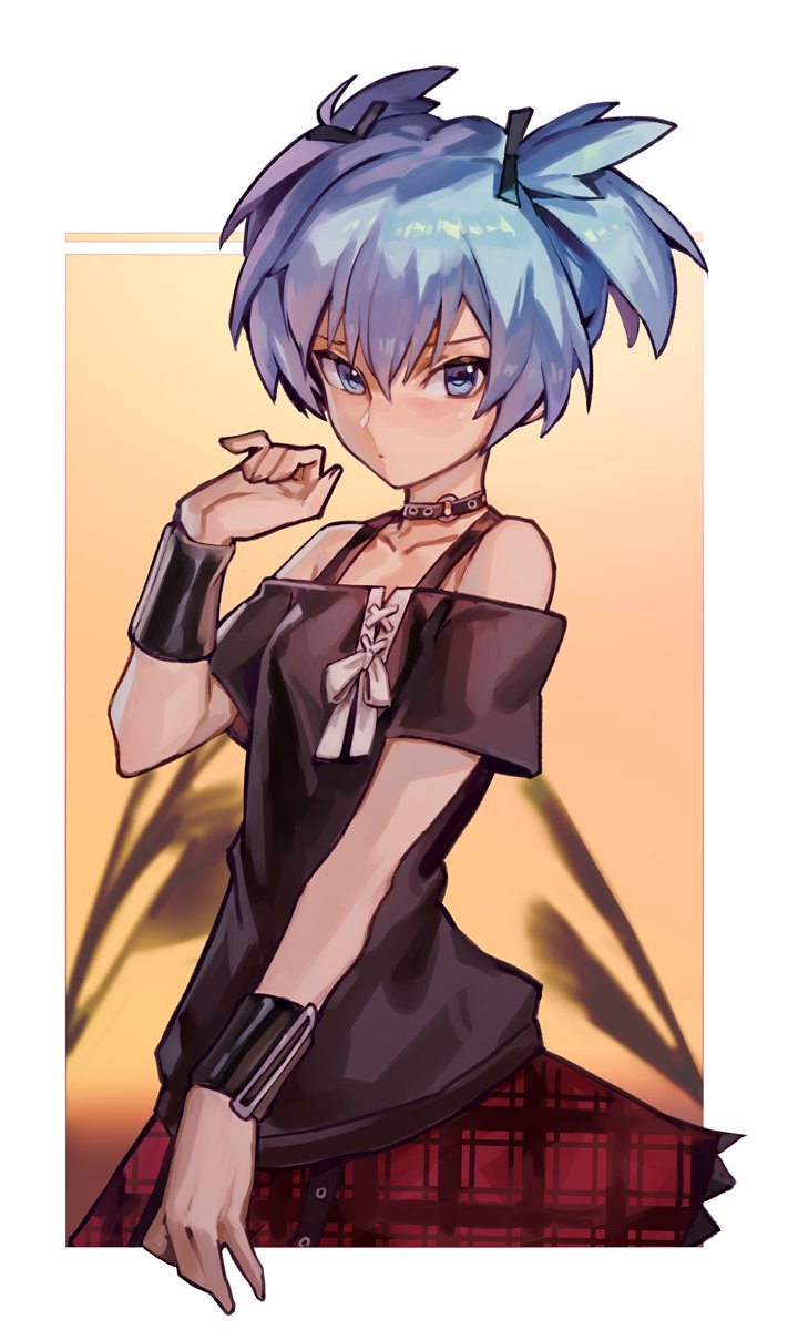 1boy androgynous ansatsu_kyoushitsu bangs bare_shoulders black_ribbon black_shirt blue_eyes blue_hair border bracelet checkered checkered_skirt collar collarbone crossdressinging expressionless hair_between_eyes hair_ribbon hand_up highres jewelry looking_at_viewer male_focus otoko_no_ko red_skirt ribbon shiota_nagisa shirt short_twintails sidelocks skirt twintails uncle_rabbit_ii white_border