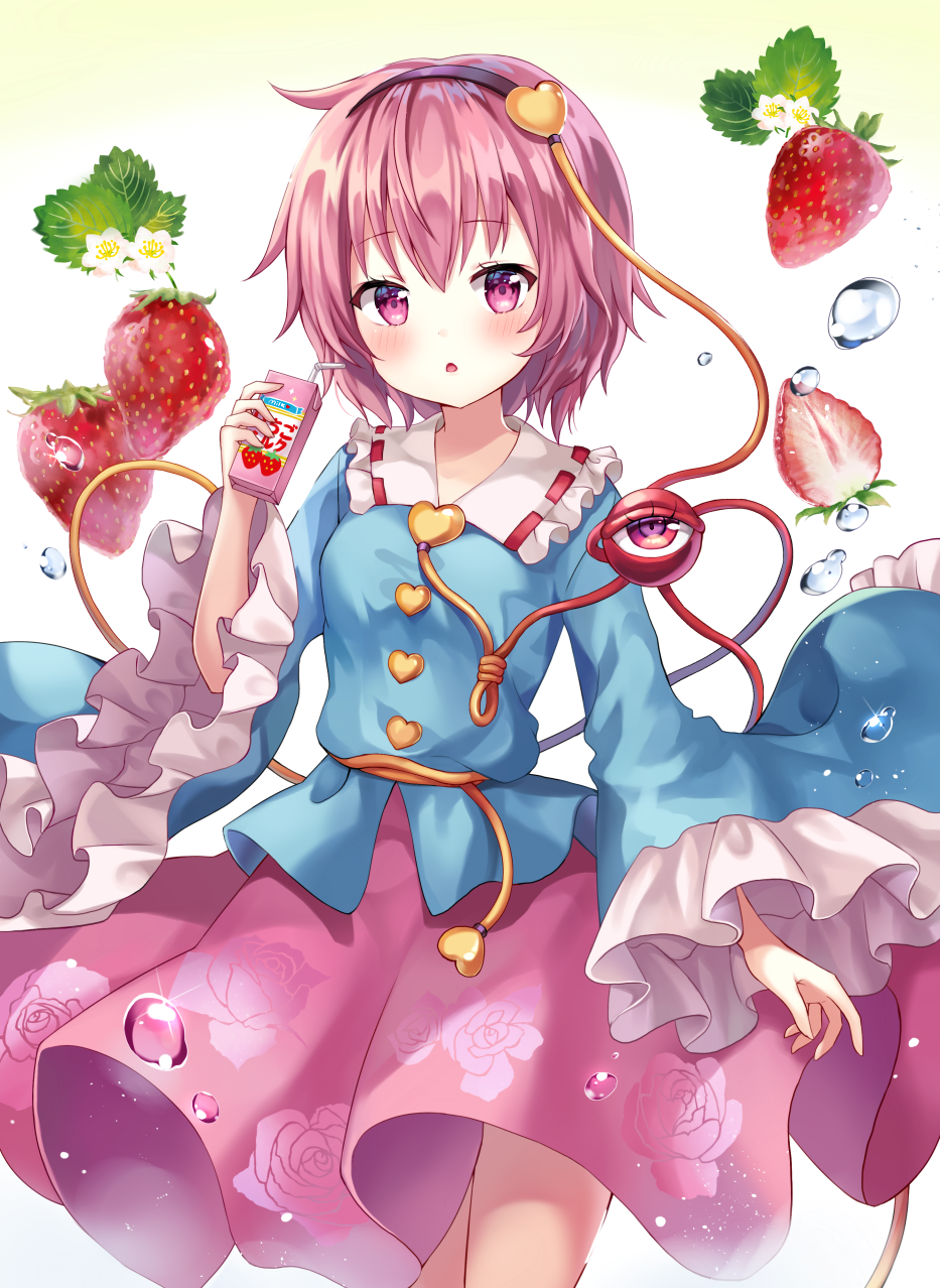 :o arm_up blouse blue_blouse blush box cowboy_shot drink eyebrows_visible_through_hair floral_print flower food frilled_sleeves frills fruit gradient gradient_background hair_ornament hairband heart heart_hair_ornament highres holding holding_box komeiji_satori long_sleeves looking_at_viewer mayo_(miyusa) photoshop_(medium) pink_eyes pink_hair pink_skirt rose_print shiny shiny_hair short_hair simple_background skirt standing strawberry strawberry_blossoms strawberry_milk third_eye touhou water_drop wide_sleeves yellow_background