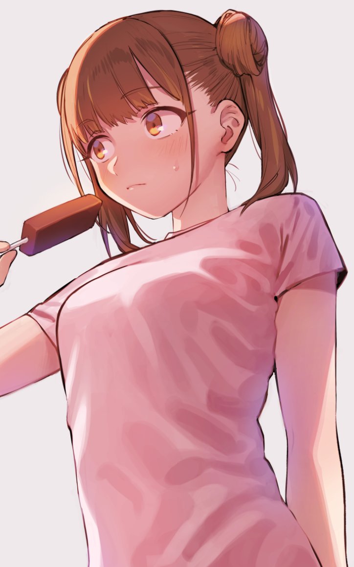 1girl bangs blush breasts brown_hair closed_mouth double_bun eyebrows_visible_through_hair food grey_background holding idolmaster idolmaster_shiny_colors ikarin pink_shirt popsicle shirt short_sleeves simple_background solo sonoda_chiyoko sweat twintails