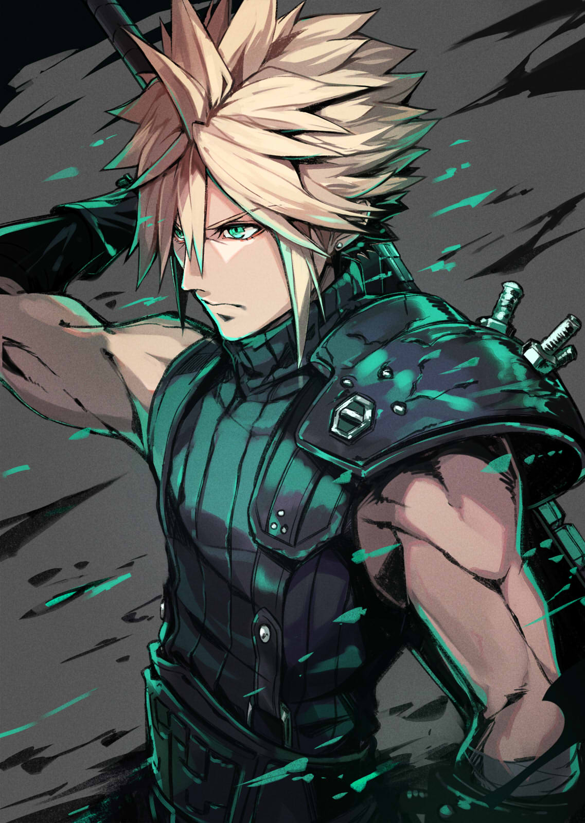 1boy black_sweater blonde_hair closed_mouth cloud_strife final_fantasy final_fantasy_vii final_fantasy_vii_remake green_eyes grey_background hair_between_eyes hand_up highres holding holding_sword holding_weapon male_focus pokimari shoulder_armor single_spaulder sleeveless_sweater solo spaulders sweater sword sword_behind_back upper_body weapon