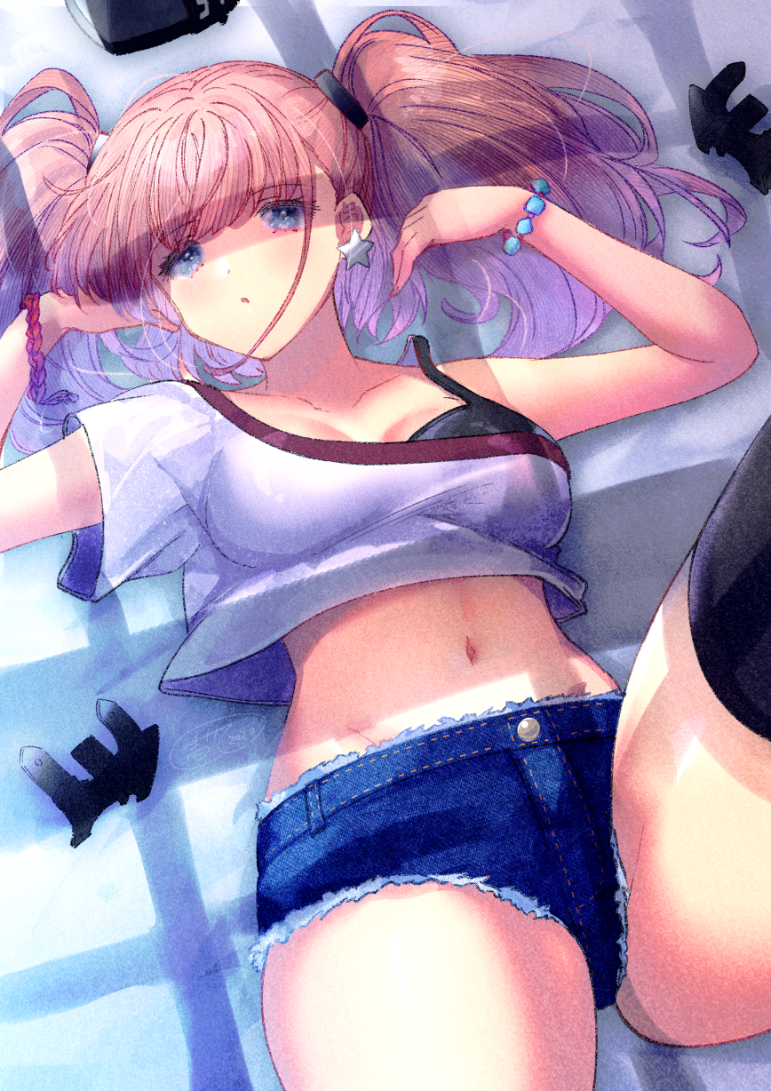 1girl atlanta_(kantai_collection) blue_shorts breasts brown_hair collarbone denim denim_shorts earrings eyebrows_visible_through_hair grey_eyes highres ittokyu jewelry kantai_collection large_breasts long_hair navel parted_lips shaded_face shirt short_shorts short_sleeves shorts solo star_(symbol) star_earrings two_side_up white_shirt