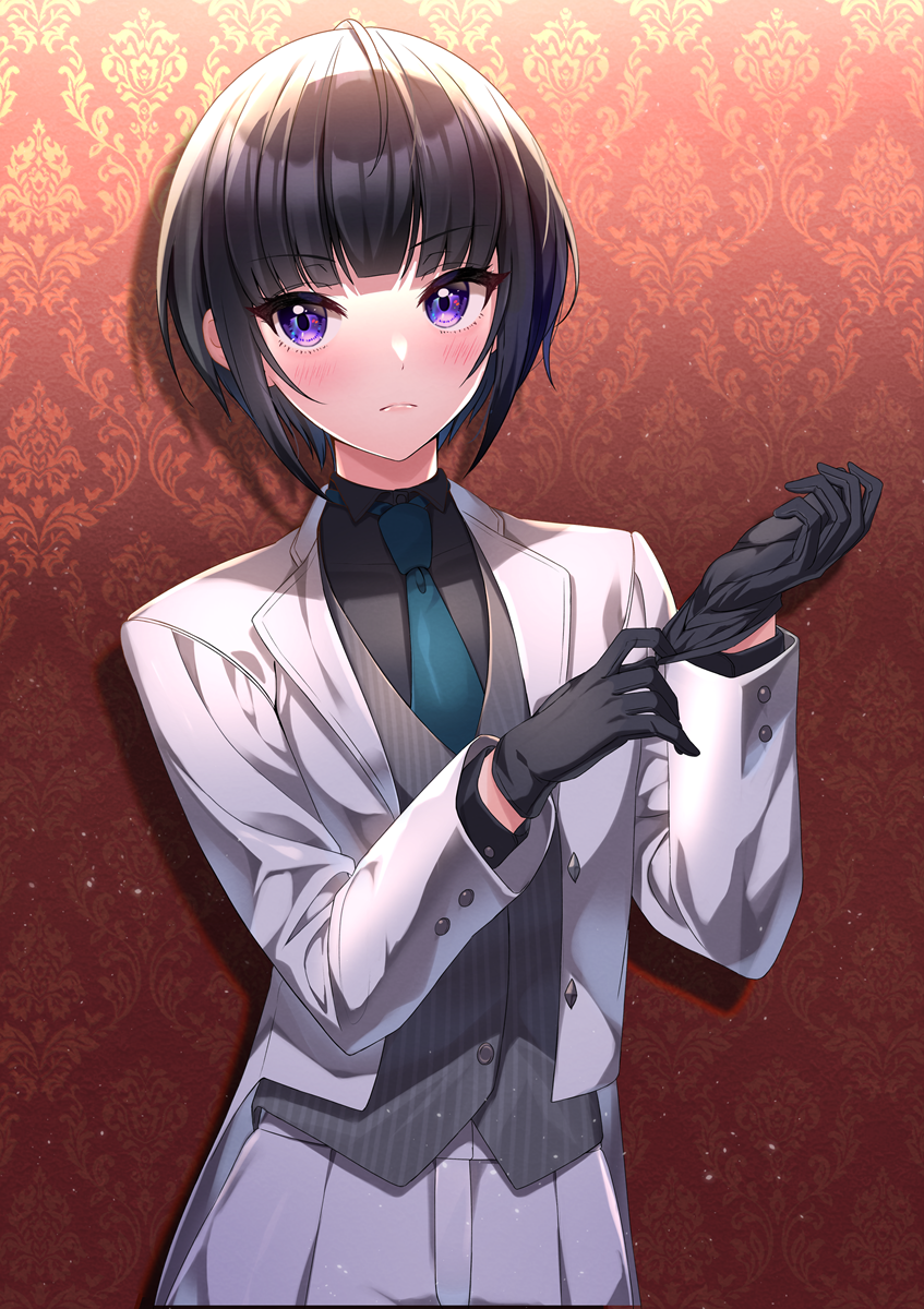 &gt;:( 1girl bangs black_gloves black_hair black_shirt blue_neckwear blunt_bangs blush closed_mouth collared_shirt commentary_request eyebrows_visible_through_hair formal glove_pull gloves grey_vest hands_up highres idolmaster idolmaster_cinderella_girls idolmaster_cinderella_girls_starlight_stage jacket light_frown looking_at_viewer necktie open_clothes open_jacket pant_suit pants shirayuki_chiyo shirt short_hair solo striped striped_vest suit sutoroa v-shaped_eyebrows vertical-striped_vest vest violet_eyes white_jacket white_pants