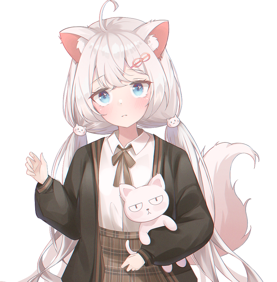 1girl ahoge animal_ear_fluff animal_ears bangs black_bow black_jacket blue_eyes blush bow brown_skirt cat_hair_ornament closed_mouth collared_shirt commentary_request dress_shirt eyebrows_visible_through_hair hair_ornament hand_up heart heart_in_eye jacket kimi_(jxrm5387) long_hair long_sleeves looking_at_viewer low_twintails object_hug open_clothes open_jacket original plaid plaid_skirt puffy_long_sleeves puffy_sleeves shirt silver_hair simple_background skirt solo stuffed_animal stuffed_cat stuffed_toy symbol_in_eye tail tail_raised twintails very_long_hair white_background white_shirt