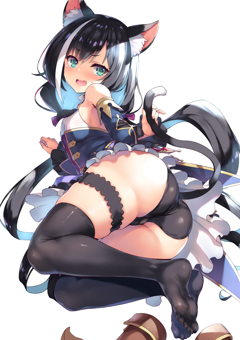 1girl animal_ears ass bangs bare_shoulders black_hair black_legwear black_panties blush breasts cat_ears cat_girl cat_tail commentary_request dress eyebrows_visible_through_hair fang green_eyes karyl_(princess_connect!) long_hair looking_at_viewer lying multicolored_hair on_side open_mouth panties princess_connect! princess_connect!_re:dive shiny shiny_clothes shiny_hair short_dress simple_background small_breasts solo tail thigh-highs thigh_strap thighs tied_hair tomose_shunsaku underwear white_background white_hair