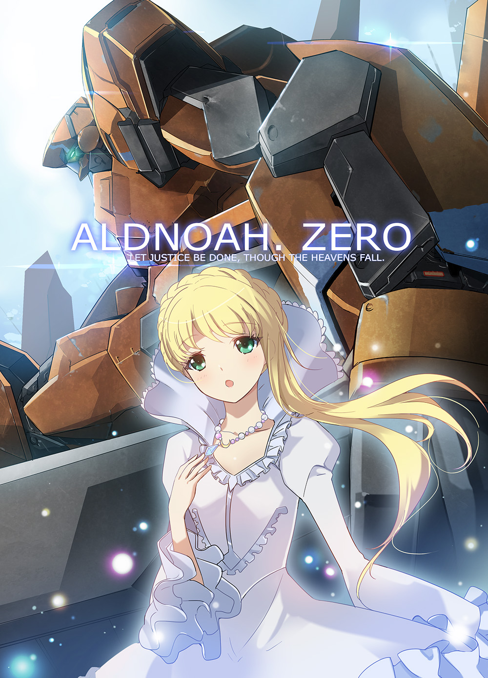 1girl aldnoah.zero asseylum_vers_allusia blonde_hair copyright_name deeple dress eyebrows_visible_through_hair glowing glowing_eyes green_eyes highres kg-6_sleipnir long_hair mecha open_mouth photoshop_(medium) white_dress