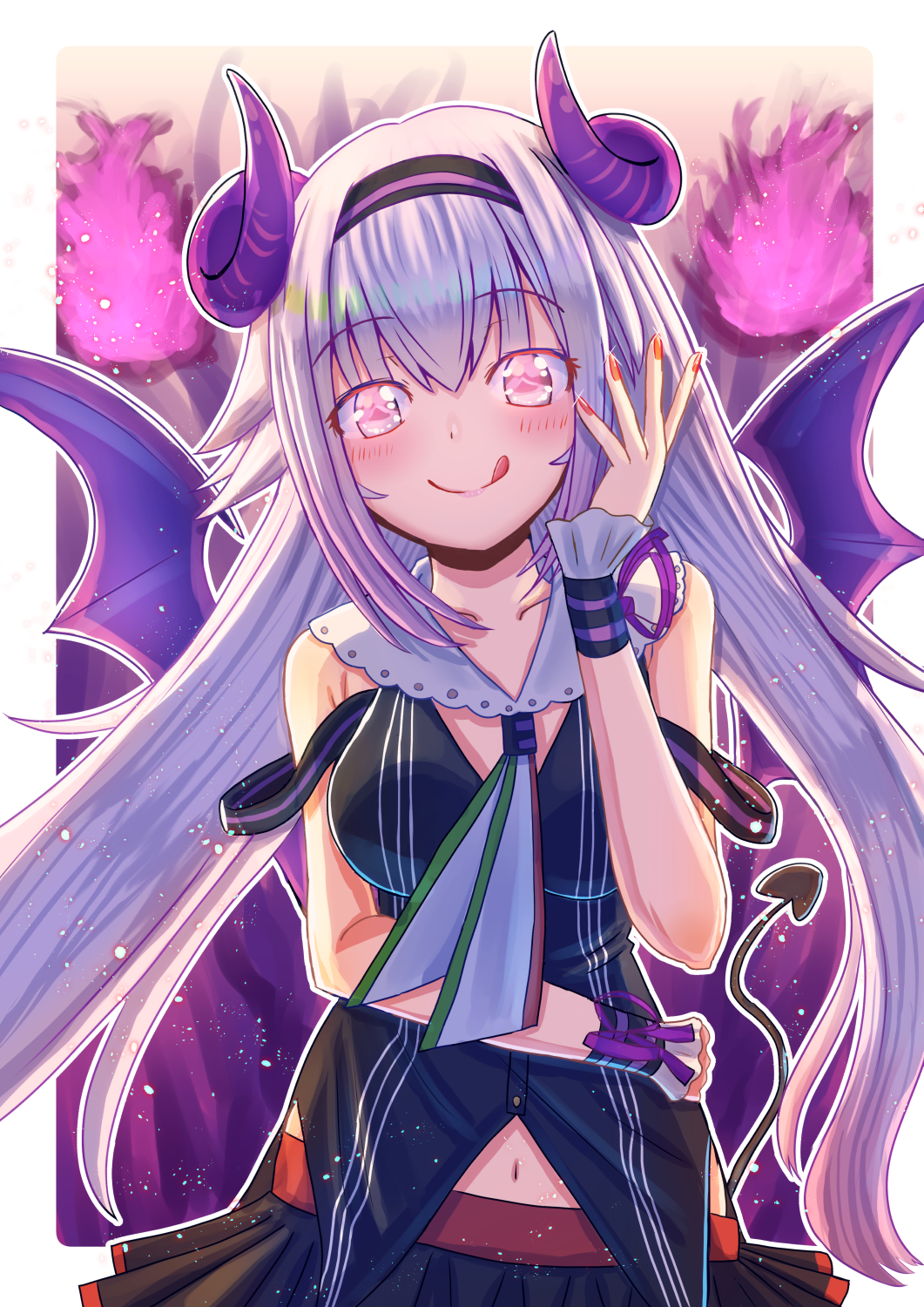 .live 1girl :p blush breasts carro_pino collarbone demon_girl demon_horns demon_tail demon_wings fingernails fire hair_between_eyes headband highres horns konsome lavender_hair long_hair looking_at_viewer sleeveless solo tail tongue tongue_out virtual_youtuber wings