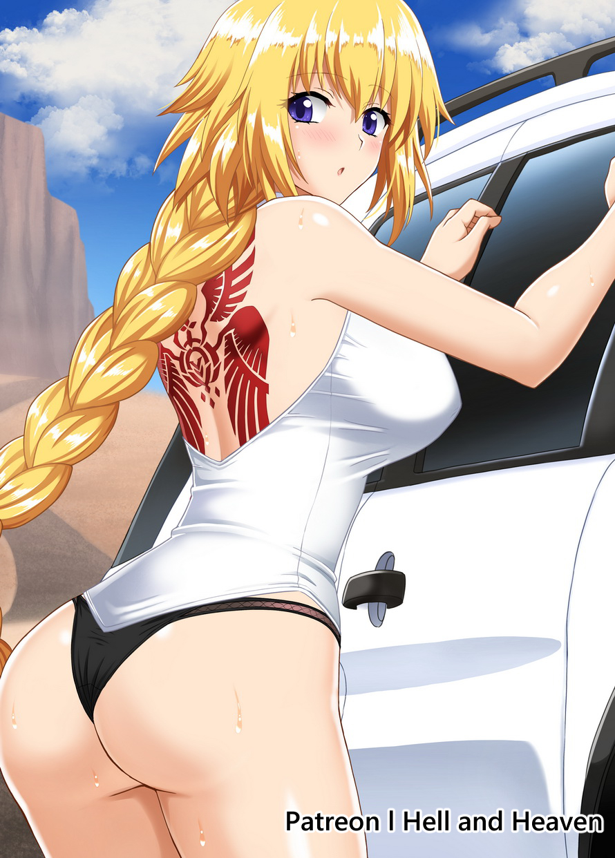 1girl :o ass back back_tattoo bangs bare_shoulders black_panties blonde_hair blue_eyes blue_sky blush braid breasts cactus car clenched_hands clouds eyebrows_visible_through_hair fate/apocrypha fate/grand_order fate_(series) female_ass ground ground_vehicle hellandheaven highres jeanne_d'arc_(fate) jeanne_d'arc_(fate)_(all) large_breasts long_braid looking_to_the_side motor_vehicle open_mouth outdoors panties pout shirt sidelocks single_braid sky sleeveless sleeveless_shirt standing sweat tattoo thighs underwear white_shirt